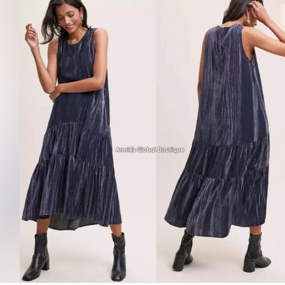 ANTHROPOLOGIE Addison Velvet Tiered Midi Dress 2 - Picture 6 of 12